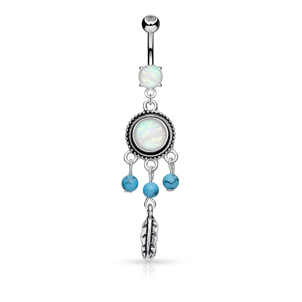 14G Surgical Steel Opal Turquoise Dream Catcher (10MM) Belly Button Ring